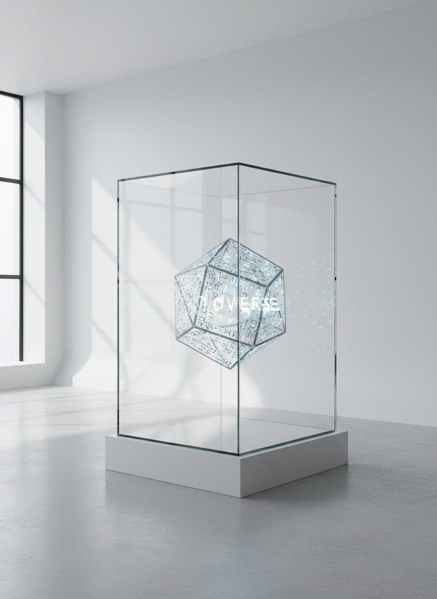 An ultramodern, frameless glass display case stands in the middle of a minimalist studio, housing a floating, crystalline polyhedron engraved with intricate, non-legible runes that embody the concept of the dVerse. The case rests on a low, white plinth, surrounded by clean, empty floor space. Cool, diffused daylight pours in from a large, unseen window, creating subtle reflections on the glass and refracted light patterns on the surrounding walls. Photographic realism, shot from a three-quarter angle with balanced composition and crisp focus throughout. The mood is cerebral, pristine, and sophisticated, evoking a high-concept intellectual property project preserved and studied in an elegant environment.