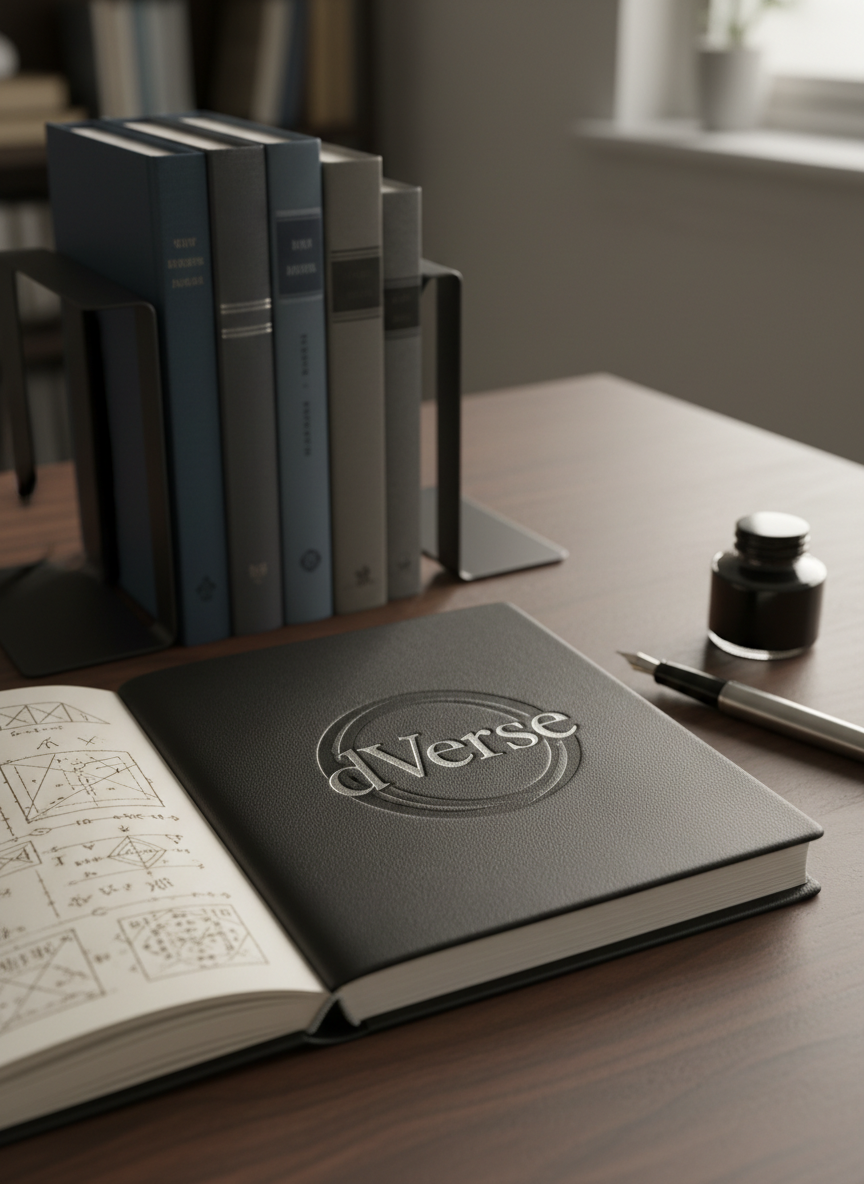 A sleek, leather-bound notebook embossed with an abstract, swirling emblem representing the dVerse lies open on a dark walnut desk, its creamy pages filled with faint, intricate diagrams and coded symbols. Around it, minimalist black metal bookends hold upright several anonymous hardcovers with blank spines, suggesting hidden knowledge. Soft morning light filters through an unseen window, creating gentle highlights on the leather texture and subtle reflections on a nearby brushed-steel fountain pen. Photographic realism, shot from a slightly elevated angle with a shallow depth of field, leaving the background in elegant bokeh. The mood is sophisticated and contemplative, evoking an intellectual property project in progress without showing any recognizable text.