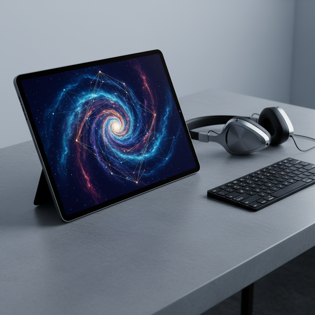 A large, matte-black digital tablet rests on a monochrome desk, its bezel thin and refined, displaying a luminous, abstract interface of swirling constellations and geometric grids that visually interpret the dVerse without any readable text. Nearby, a minimalist wireless keyboard and a pair of angular, sculptural headphones in brushed aluminum hint at focused creative work. Soft, cool-toned studio lighting washes over the scene, producing gentle gradients on the tablet surface and subtle reflections on metallic details. Photographic realism, captured from a slightly overhead, three-quarter angle using the rule of thirds. The atmosphere is quietly intense and sophisticated, suggesting a private intellectual property universe being designed and refined in a controlled, modern workspace.